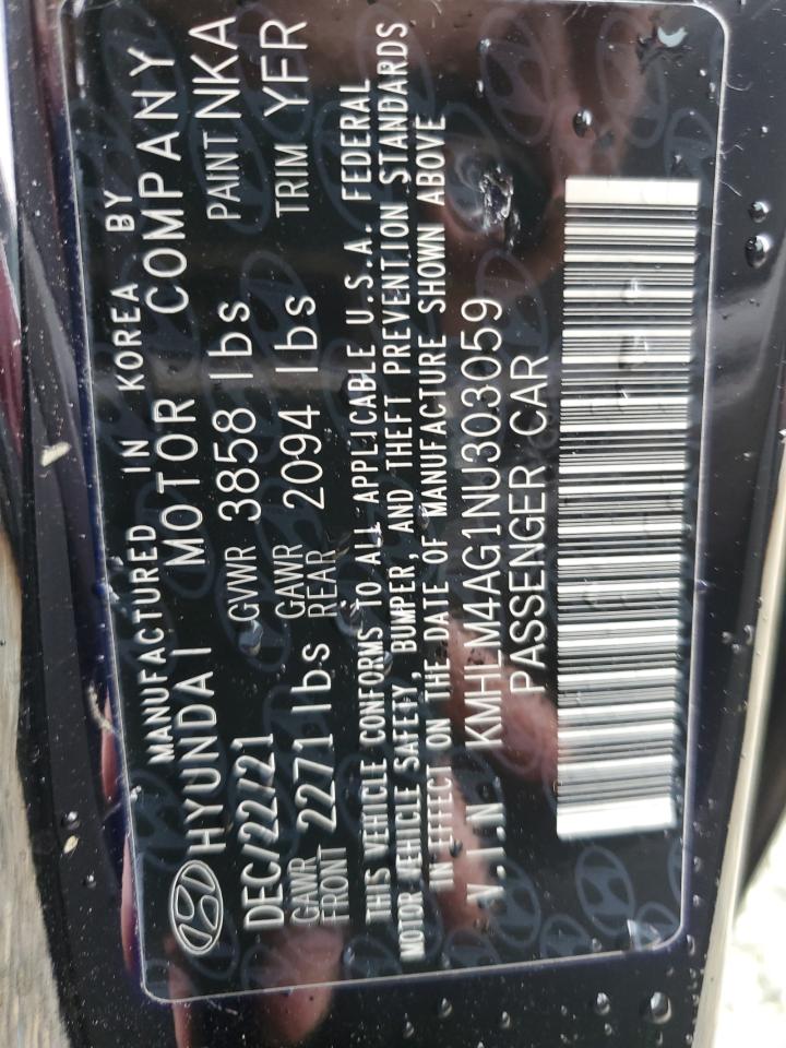 2022 HYUNDAI ELANTRA SEL VIN:KMHLM4AG1NU303059