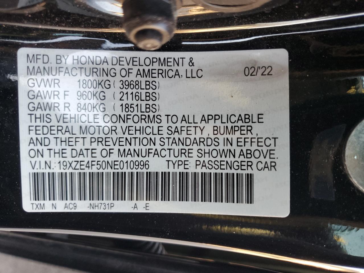 2022 HONDA INSIGHT EX VIN:19XZE4F50NE010996