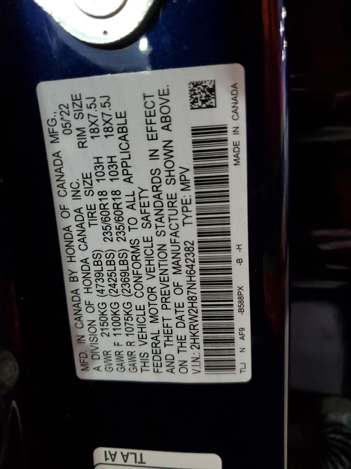 2022 HONDA CR-V EXL VIN:2HKRW2H87NH642382