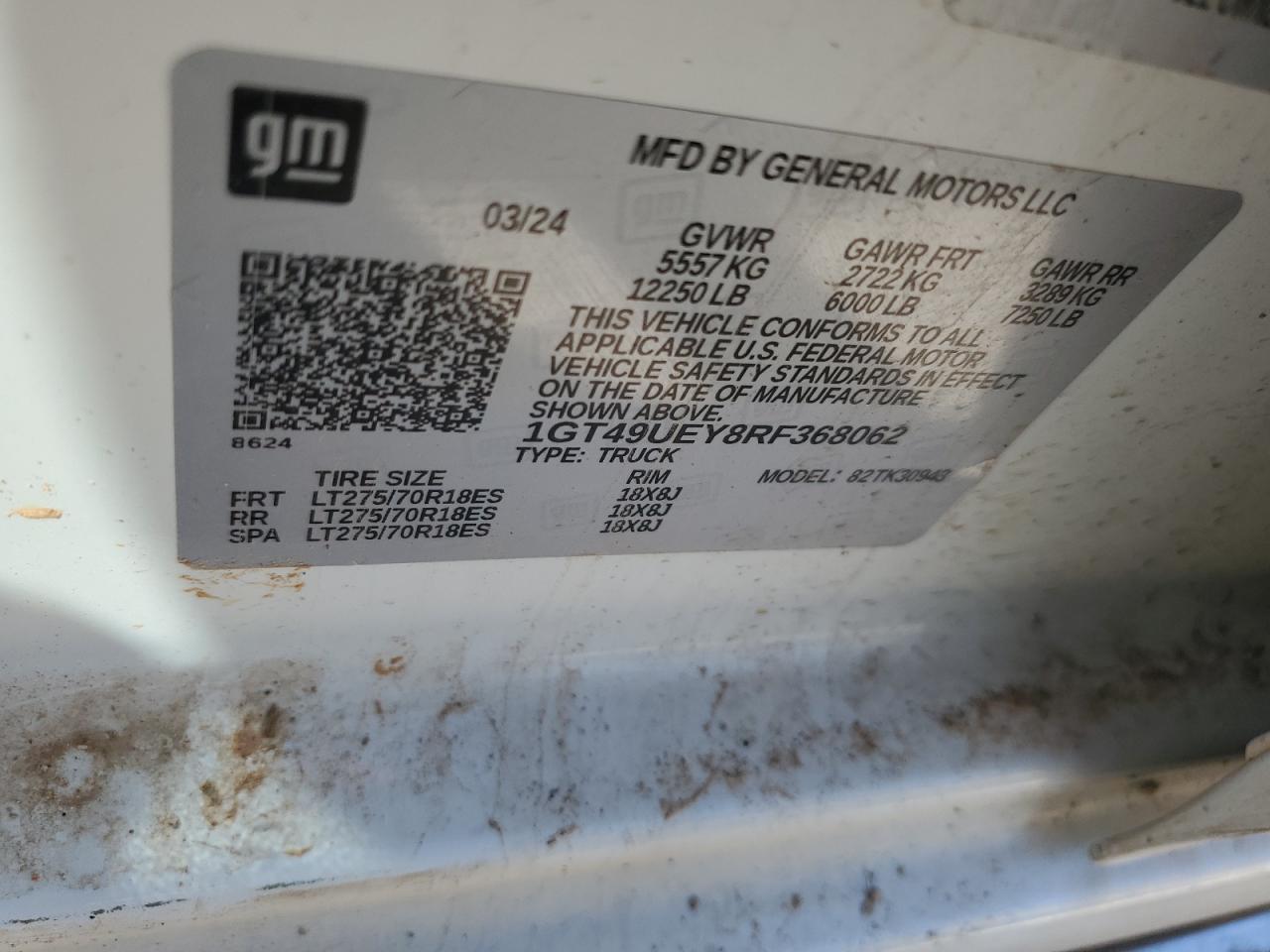 2024 GMC SIERRA K3500 SLT VIN:1GT49UEY8RF368062