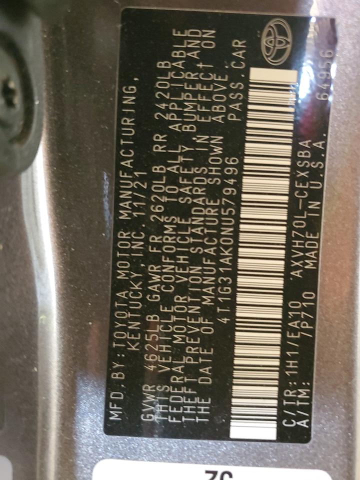 2022 TOYOTA CAMRY NIGHT SHADE VIN:4T1G31AK0NU579496