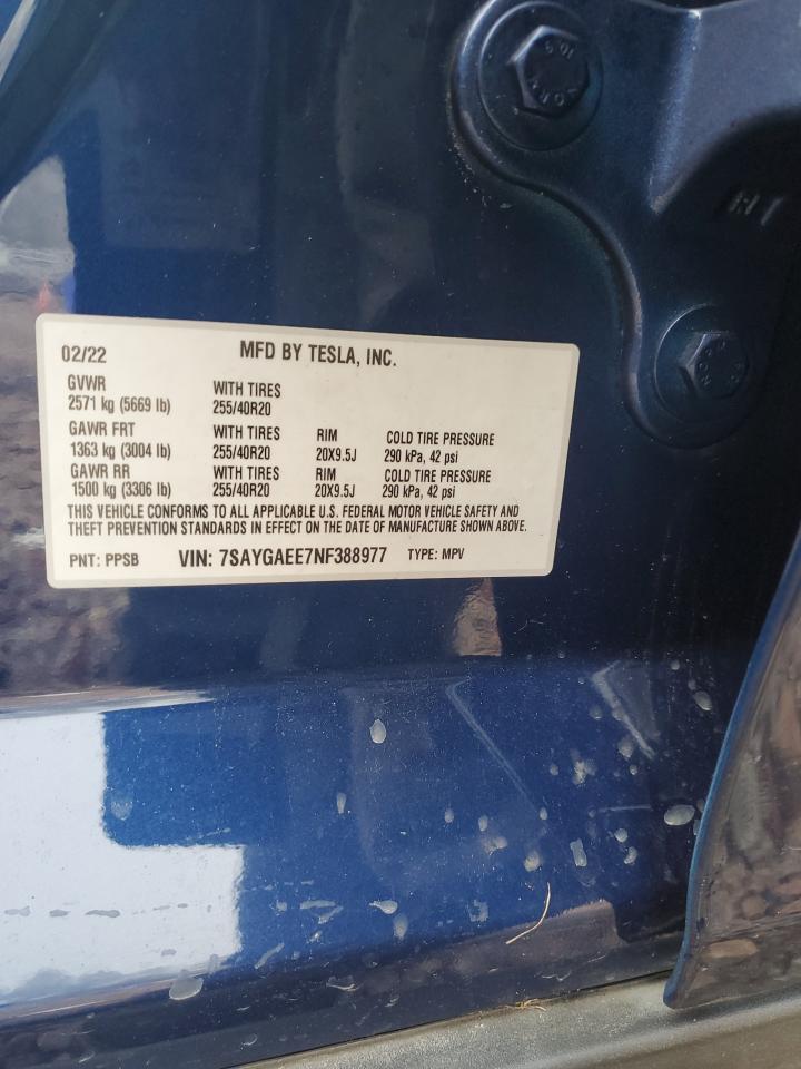 2022 TESLA MODEL Y  VIN:7SAYGAEE7NF388977