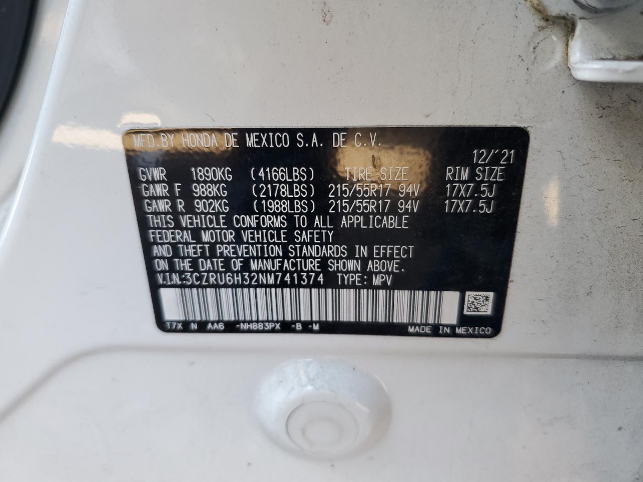 2022 HONDA HR-V LX VIN:3CZRU6H32NM741374