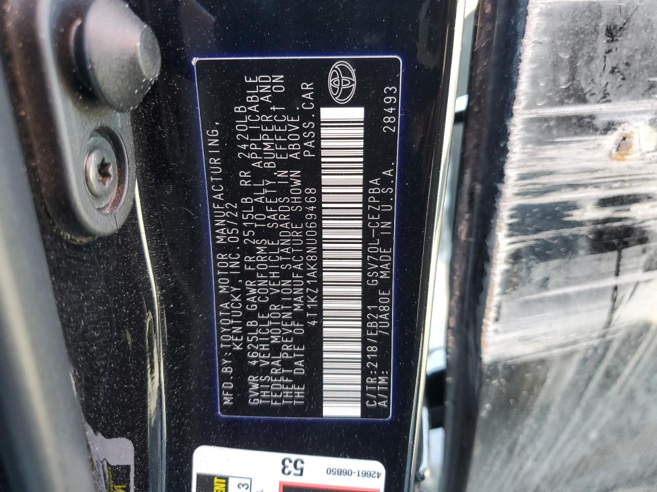 2022 TOYOTA CAMRY TRD VIN:4T1KZ1AK8NU069468