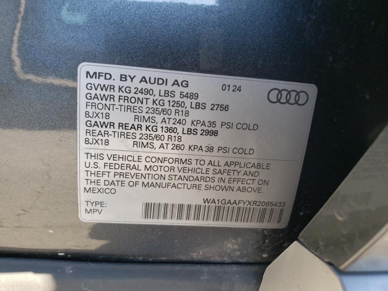 2024 AUDI Q5 PREMIUM 45 VIN:WA1GAAFYXR2065433