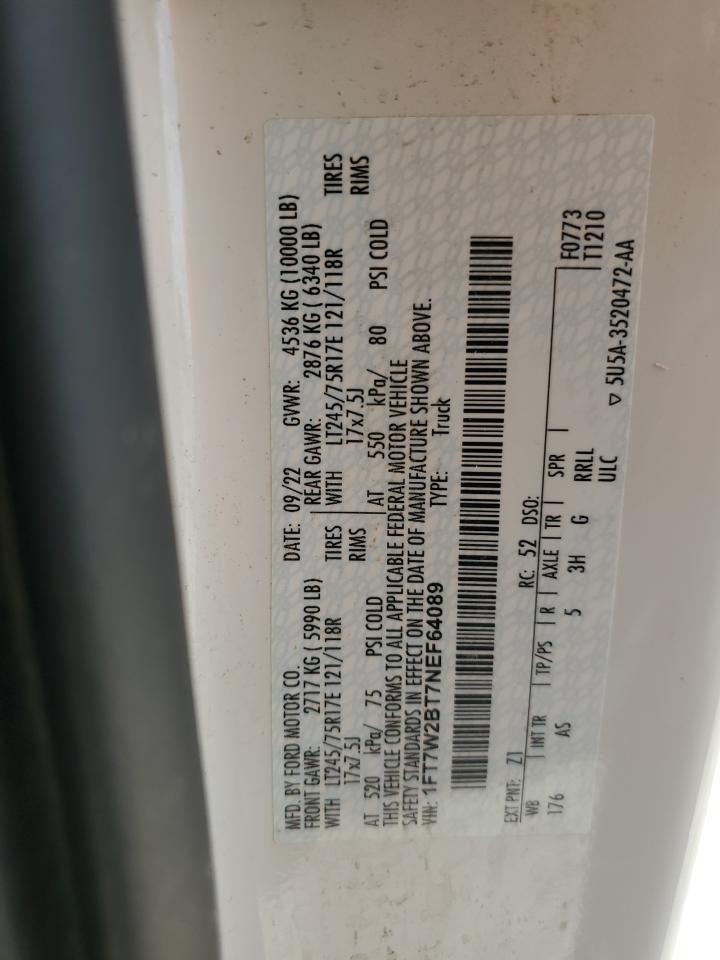 2022 FORD F250 SUPER DUTY VIN:1FT7W2BT7NEF64089