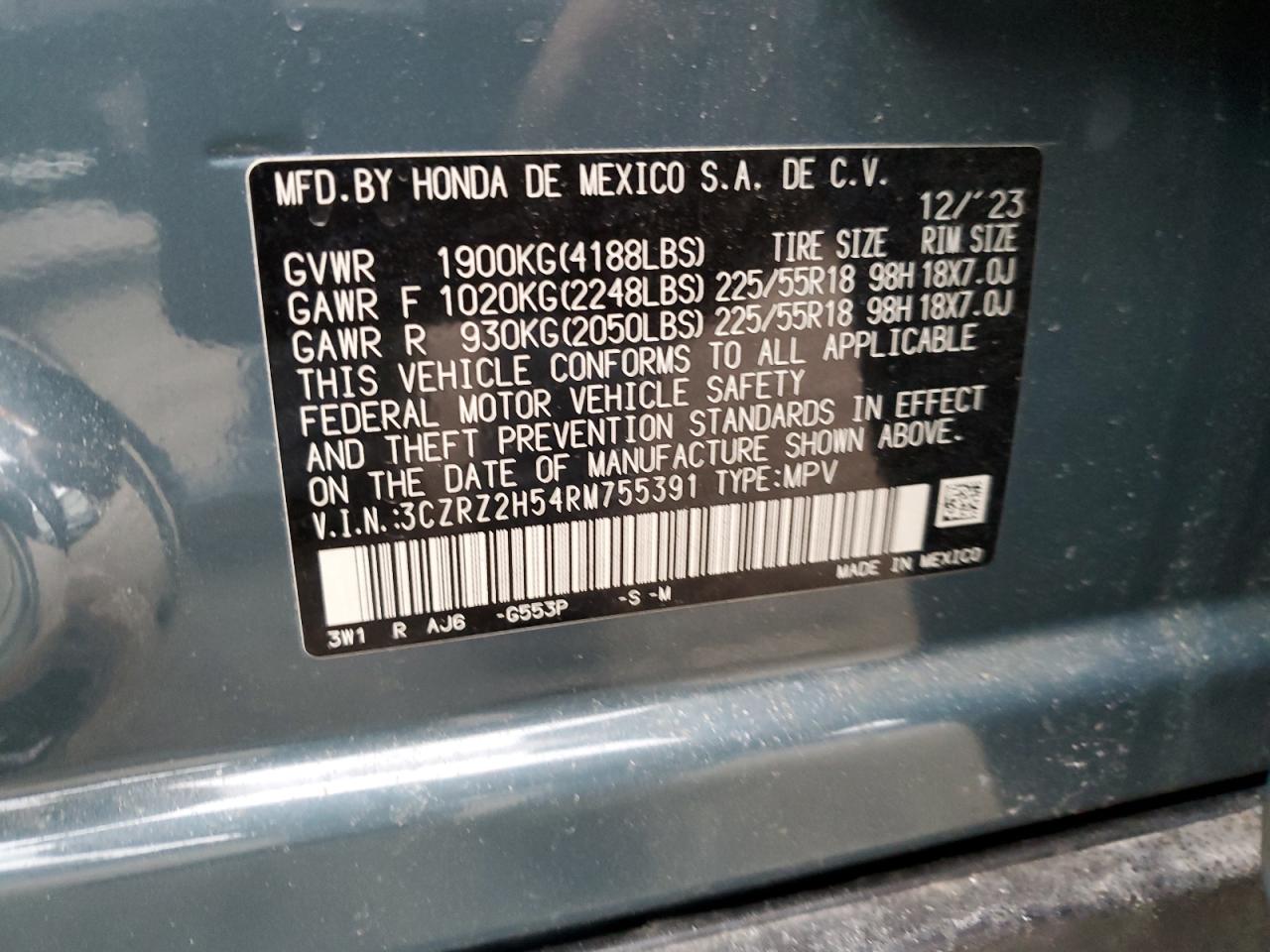 2024 HONDA HR-V SPORT VIN:3CZRZ2H54RM755391