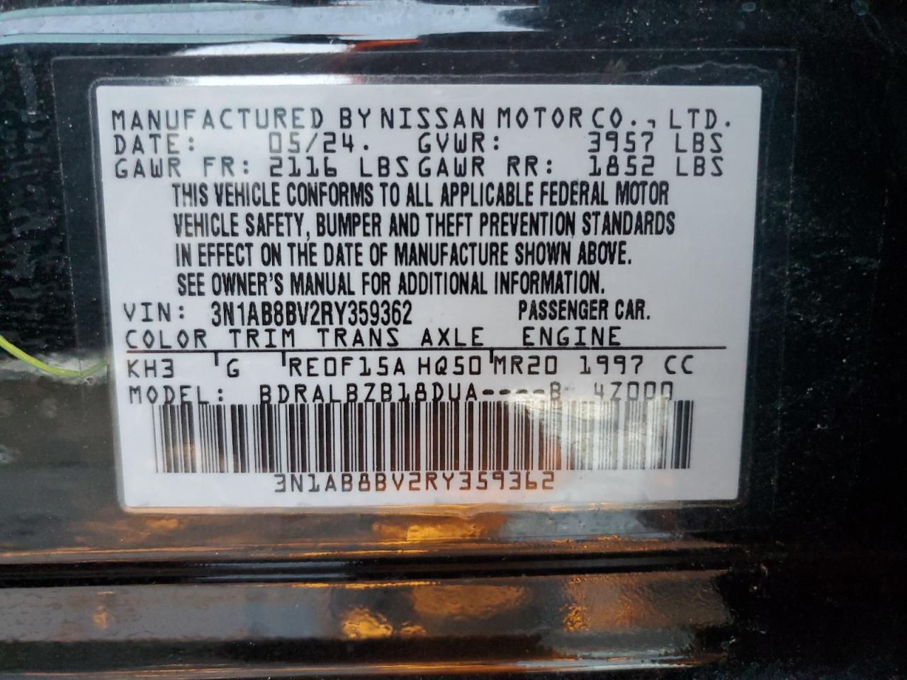 2024 NISSAN SENTRA S VIN:3N1AB8BV2RY359362