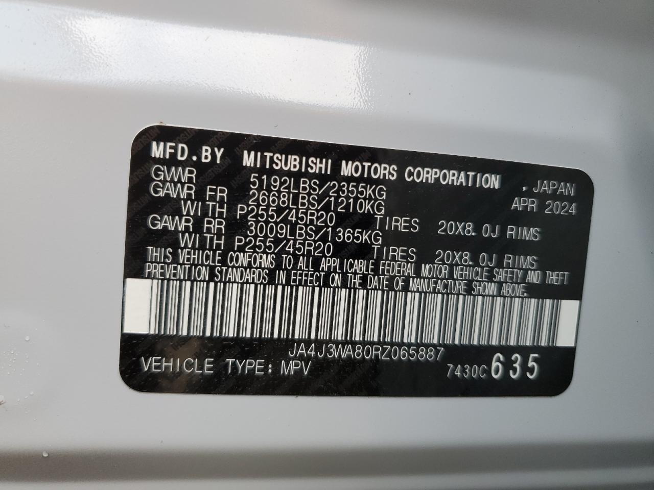 2024 MITSUBISHI OUTLANDER SEL VIN:JA4J3WA80RZ065887