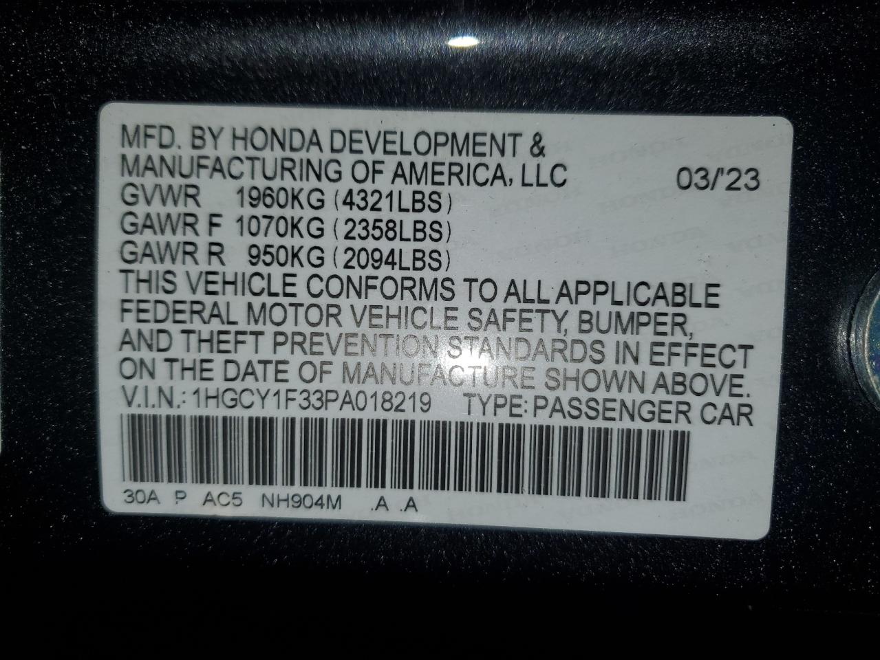 2023 HONDA ACCORD EX VIN:1HGCY1F33PA018219