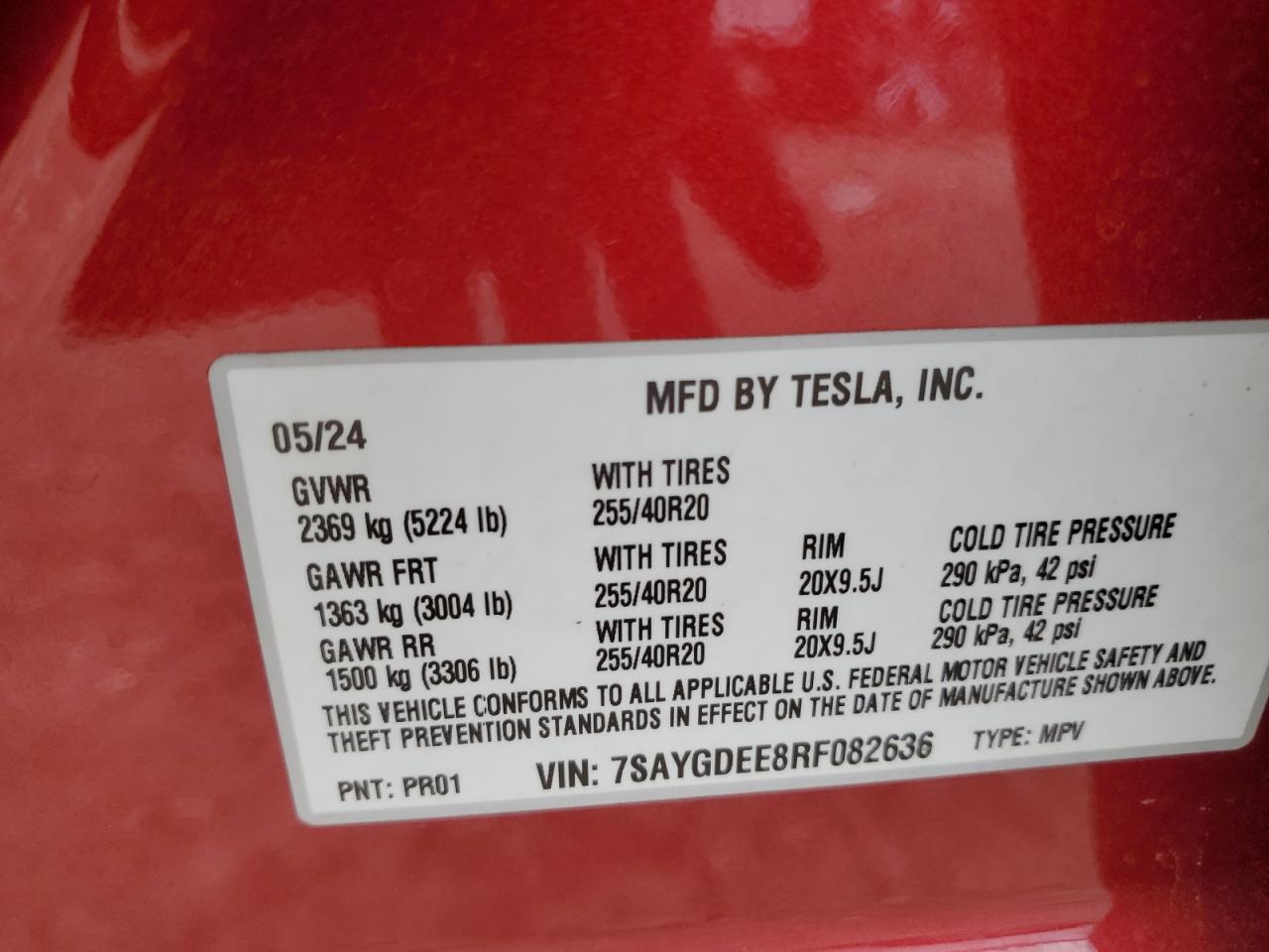 2024 TESLA MODEL Y  VIN:7SAYGDEE8RF082636