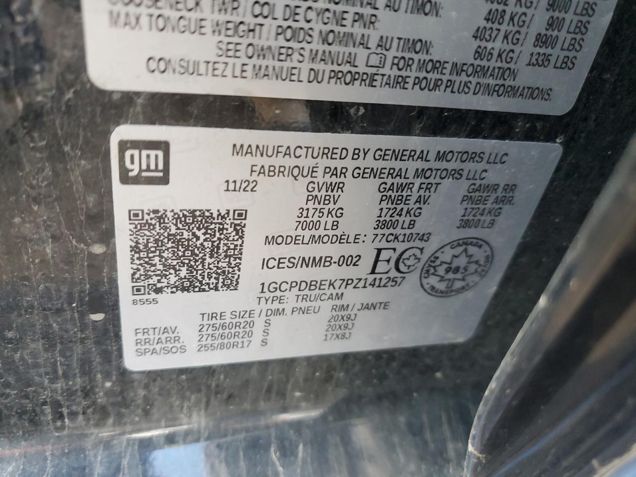 2023 CHEVROLET SILVERADO K1500 CUSTOM VIN:1GCPDBEK7PZ141257