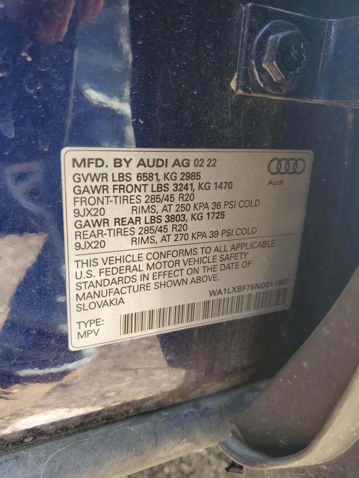 2022 AUDI Q7 PREMIUM PLUS VIN:WA1LXBF75ND011997