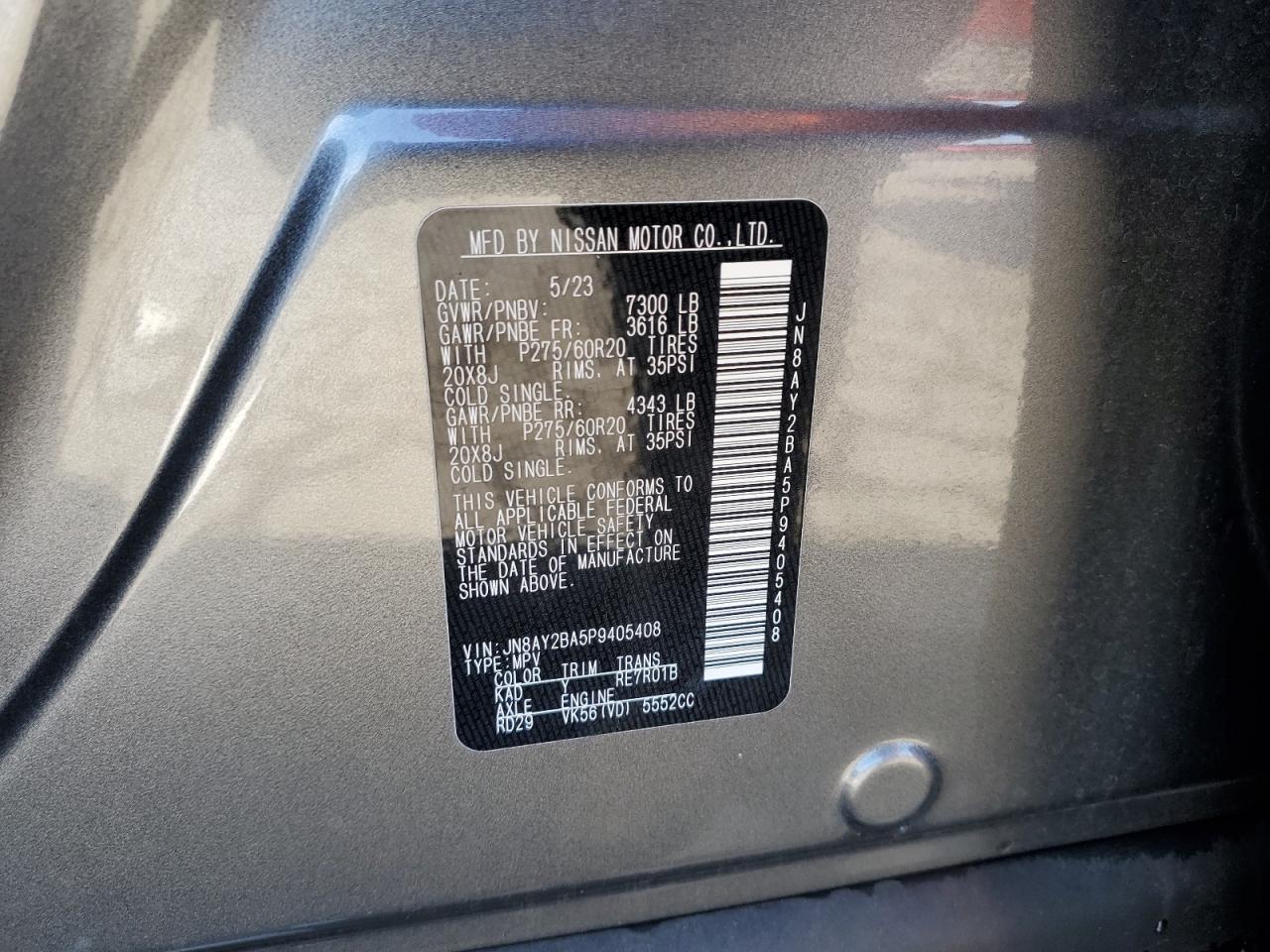 2023 NISSAN ARMADA SL VIN:JN8AY2BA5P9405408