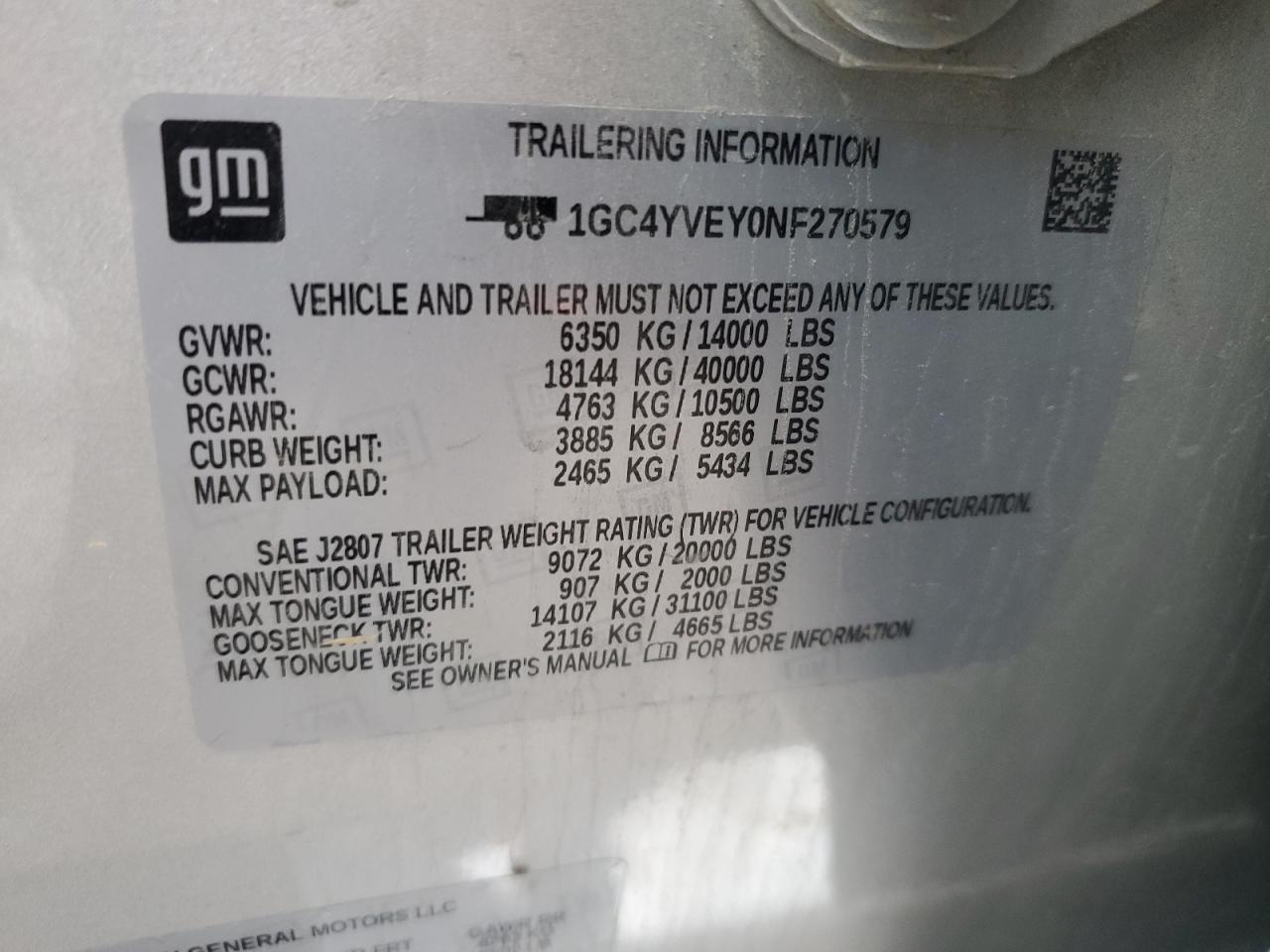 2022 CHEVROLET SILVERADO K3500 HIGH COUNTRY VIN:1GC4YVEY0NF270579