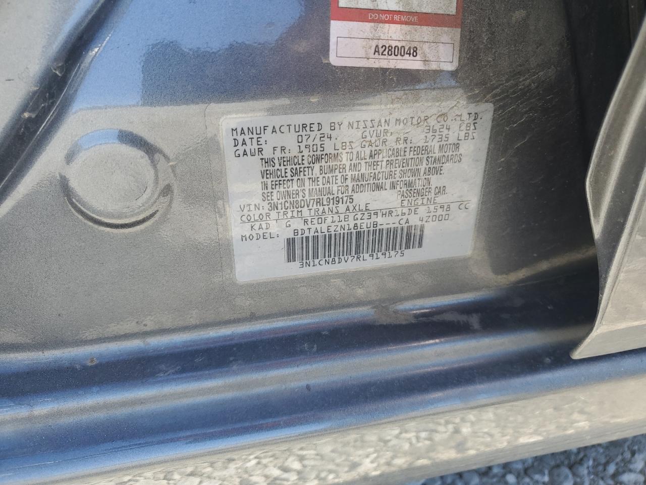 2024 NISSAN VERSA S VIN:3N1CN8DV7RL919175