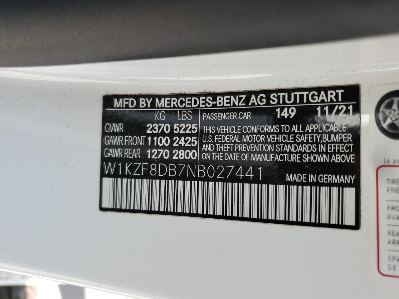 2022 MERCEDES-BENZ E 350 VIN:W1KZF8DB7NB027441