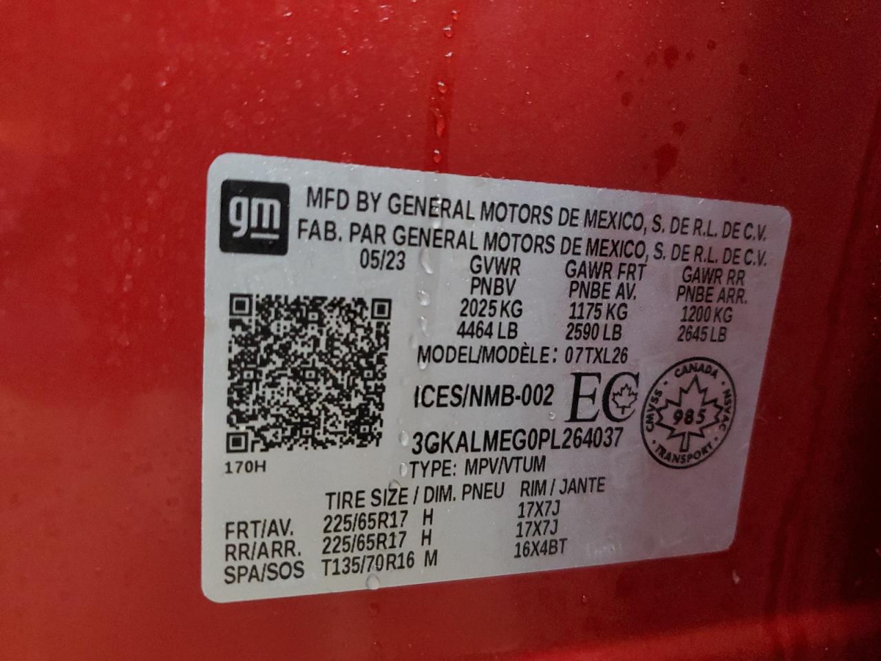 2023 GMC TERRAIN SLE VIN:3GKALMEG0PL264037