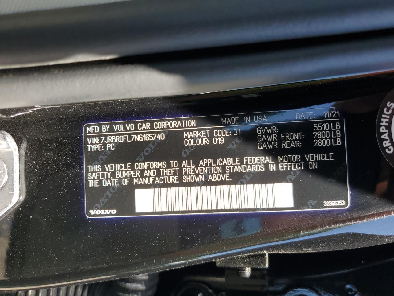 2022 VOLVO S60 T8 RECHARGE INSCRIPTION VIN:7JRBR0FL7NG165740