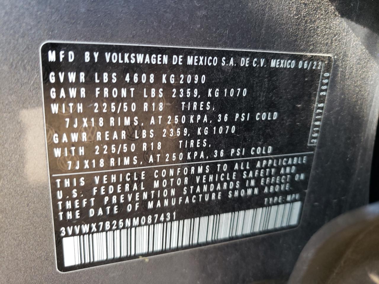 2022 VOLKSWAGEN TAOS SE VIN:3VVWX7B25NM087431