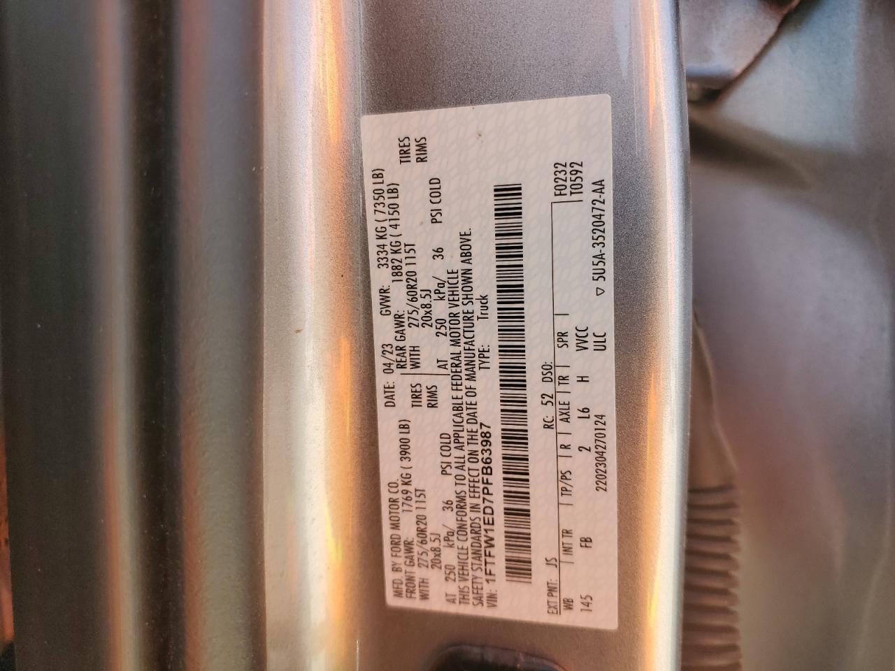 2023 FORD F150 SUPERCREW VIN:1FTFW1ED7PFB63987