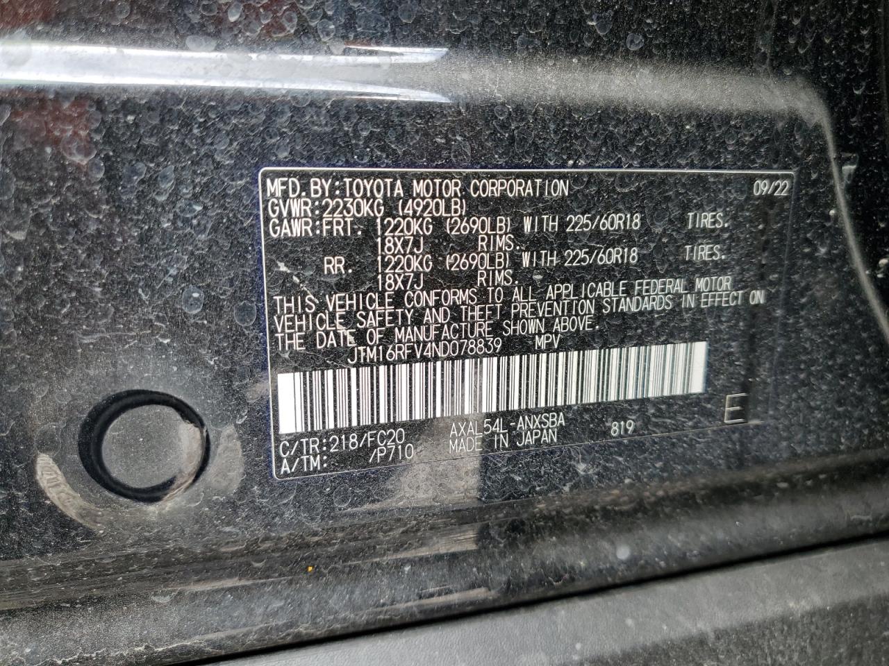 2022 TOYOTA RAV4 SE VIN:JTM16RFV4ND078839
