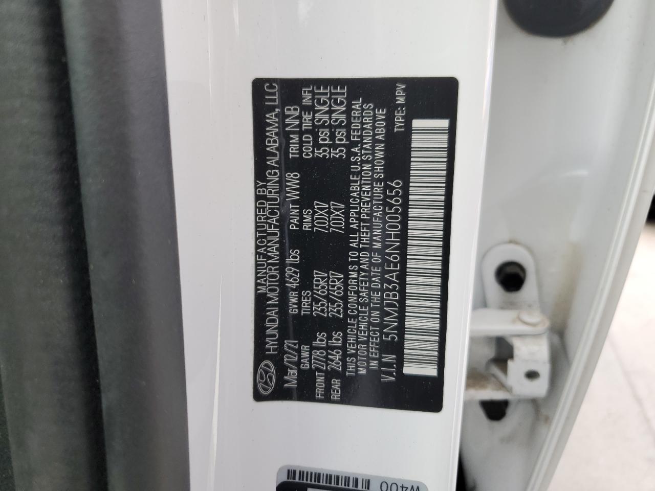 2022 HYUNDAI TUCSON SEL VIN:5NMJB3AE6NH005656