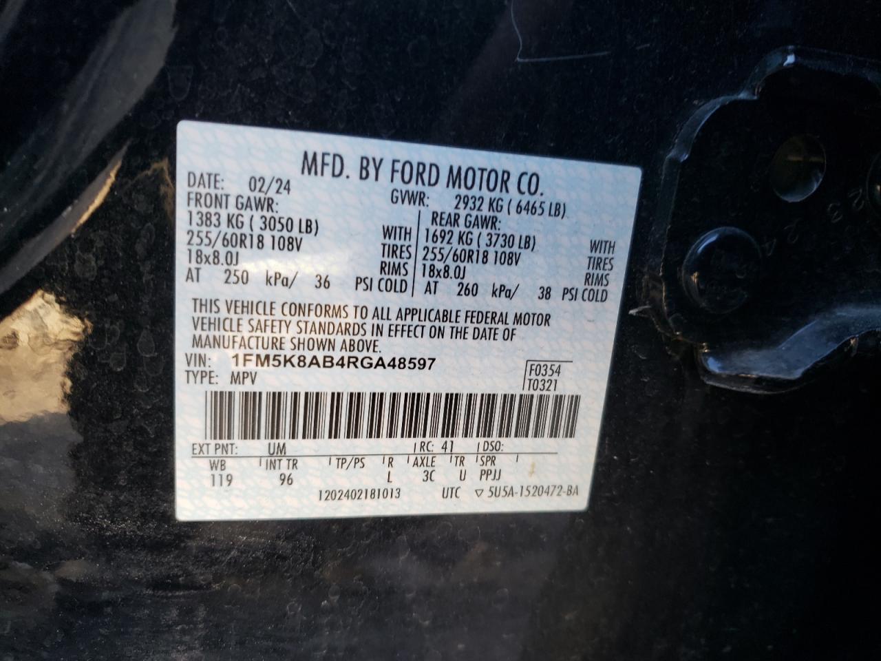 2024 FORD EXPLORER POLICE INTERCEPTOR VIN:1FM5K8AB4RGA48597