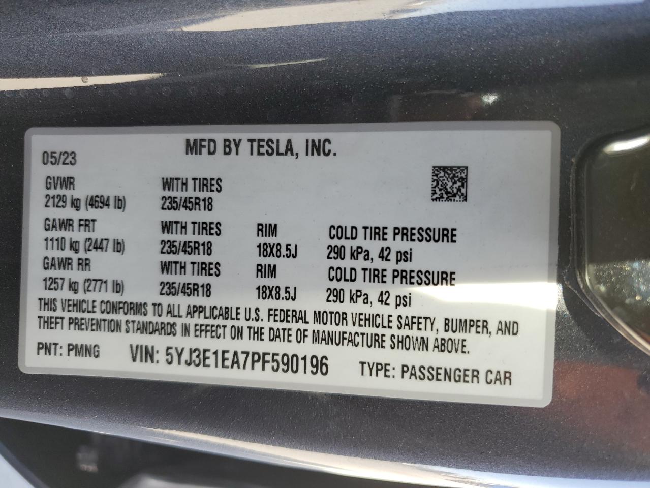 2023 TESLA MODEL 3  VIN:5YJ3E1EA7PF590196