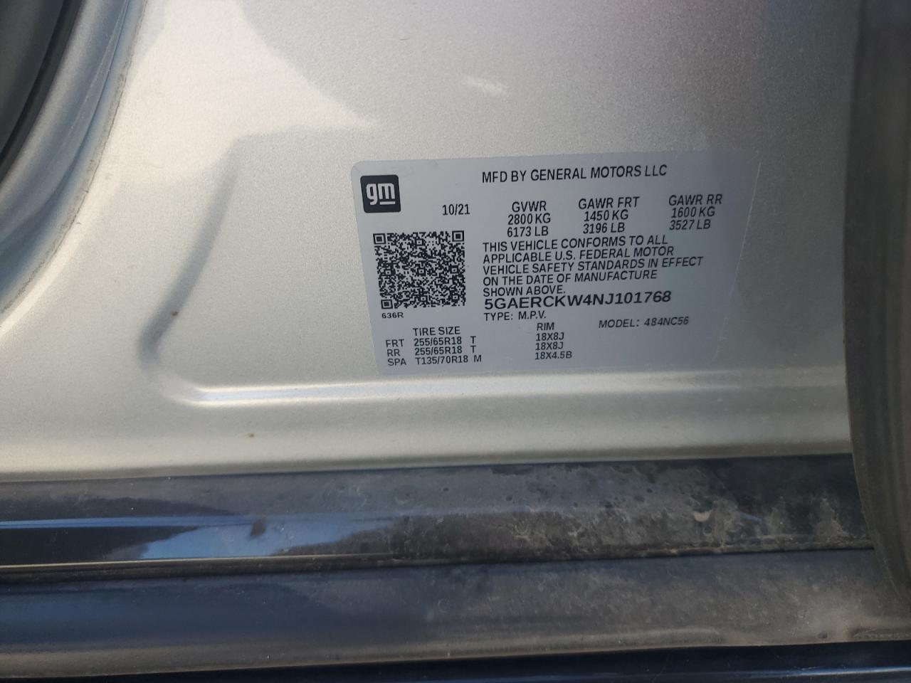 2022 BUICK ENCLAVE PREMIUM VIN:5GAERCKW4NJ101768