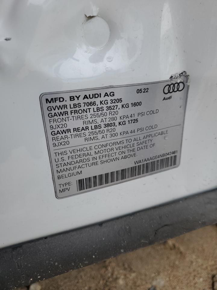 2022 AUDI E-TRON PREMIUM VIN:WA1AAAGE4NB042461