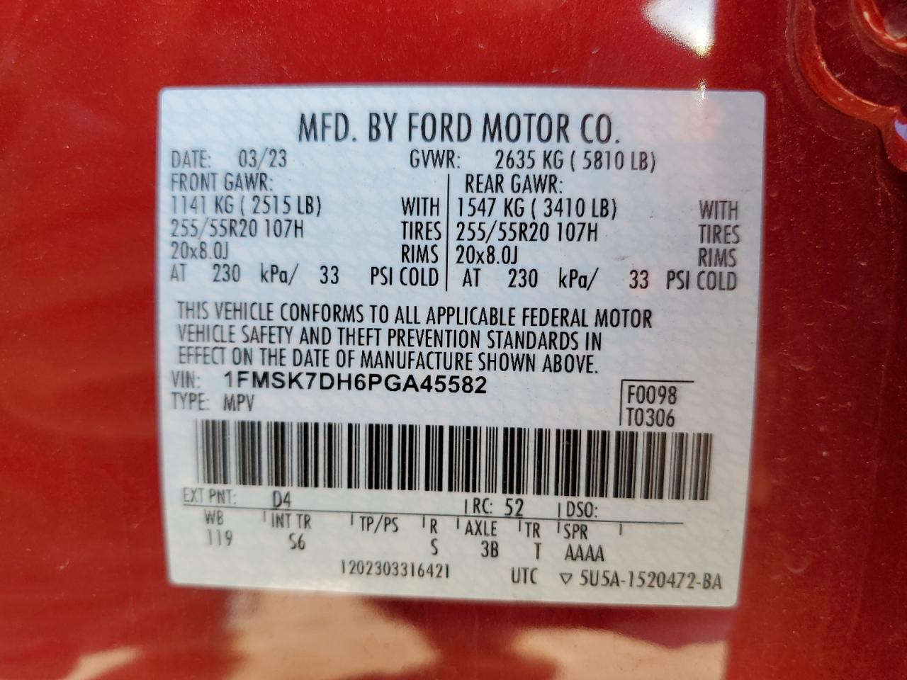2023 FORD EXPLORER XLT VIN:1FMSK7DH6PGA45582