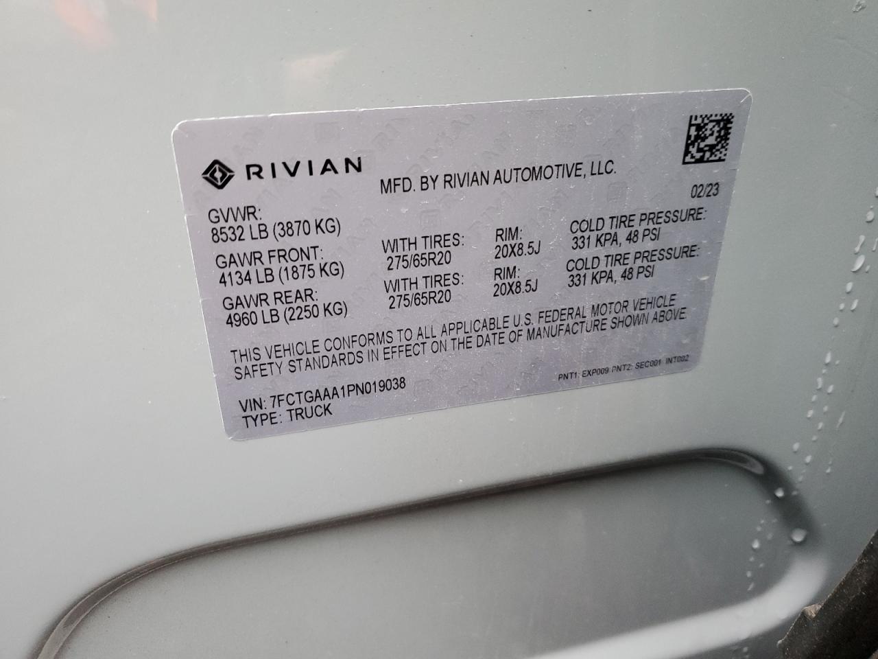 2023 RIVIAN R1T ADVENTURE VIN:7FCTGAAA1PN019038