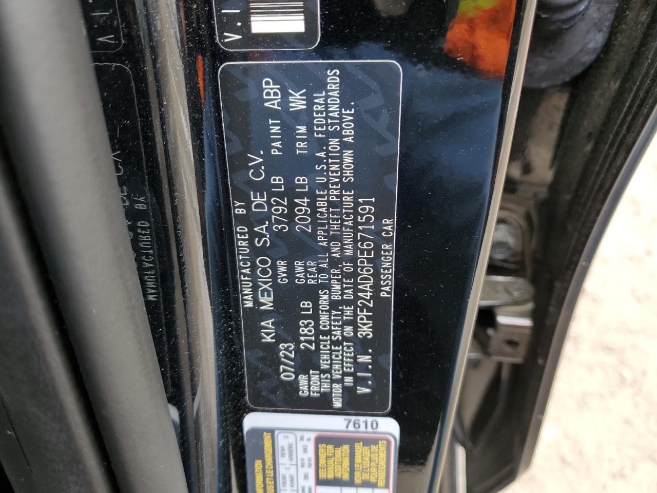 2023 KIA FORTE LX VIN:3KPF24AD6PE671591