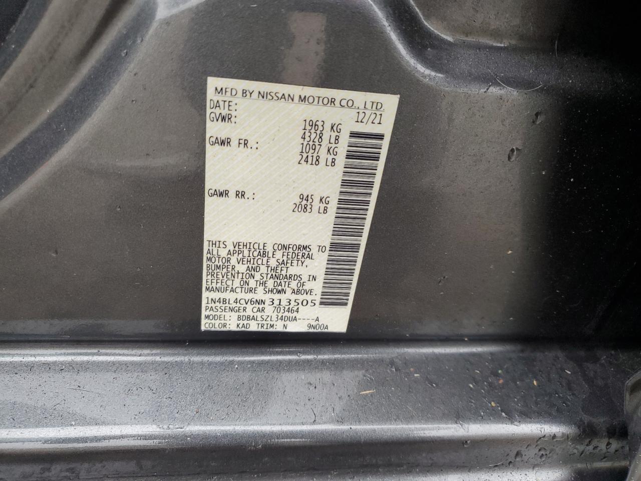 2022 NISSAN ALTIMA SR VIN:1N4BL4CV6NN313505