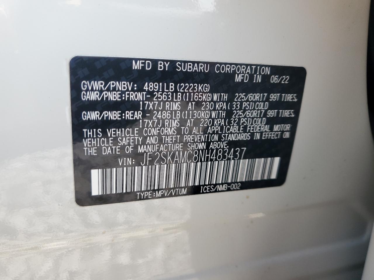 2022 SUBARU FORESTER WILDERNESS VIN:JF2SKAMC8NH483437