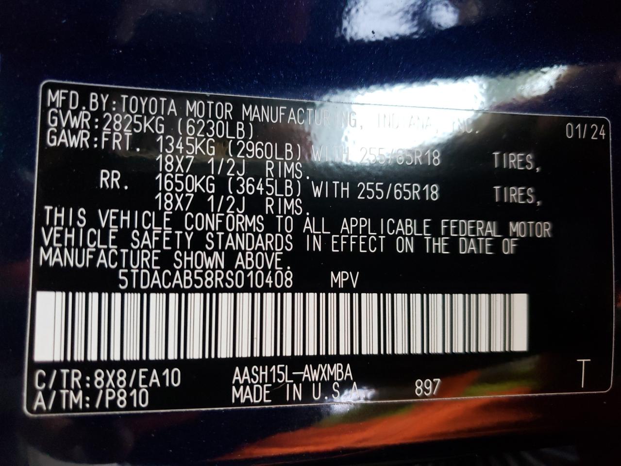 2024 TOYOTA GRAND HIGHLANDER XLE VIN:5TDACAB58RS010408