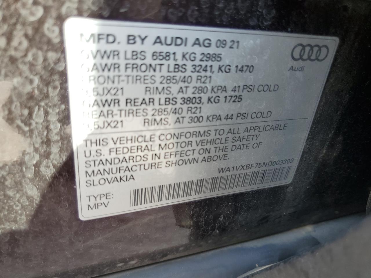 2022 AUDI Q7 PRESTIGE VIN:WA1VXBF75ND003309