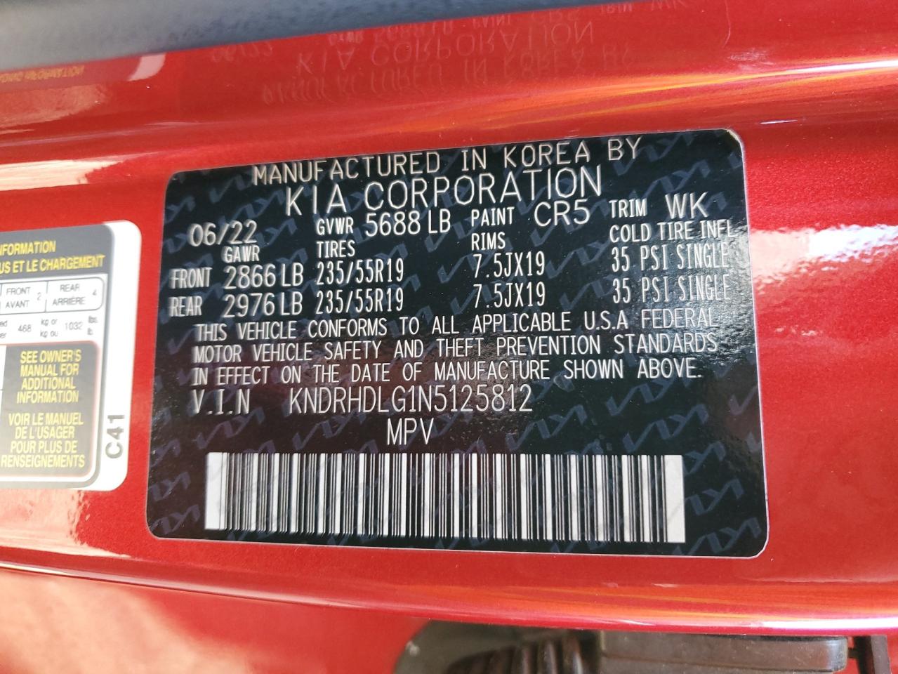 2022 KIA SORENTO EX VIN:KNDRHDLG1N5125812