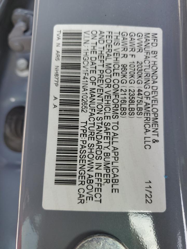 2022 HONDA ACCORD SPORT SE VIN:1HGCV1F41NA102652