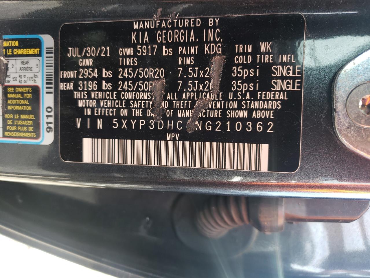 2022 KIA TELLURIDE EX VIN:5XYP3DHC1NG210362