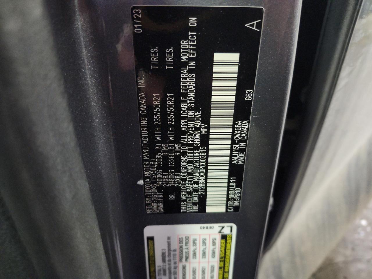 2023 LEXUS RX 350H BASE VIN:2T2BBMCA0PC003815