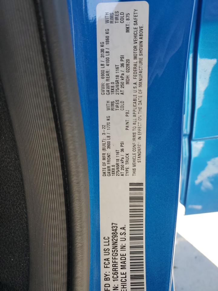 2022 RAM 1500 BIG HORN/LONE STAR VIN:1C6RRFFG5NN298437