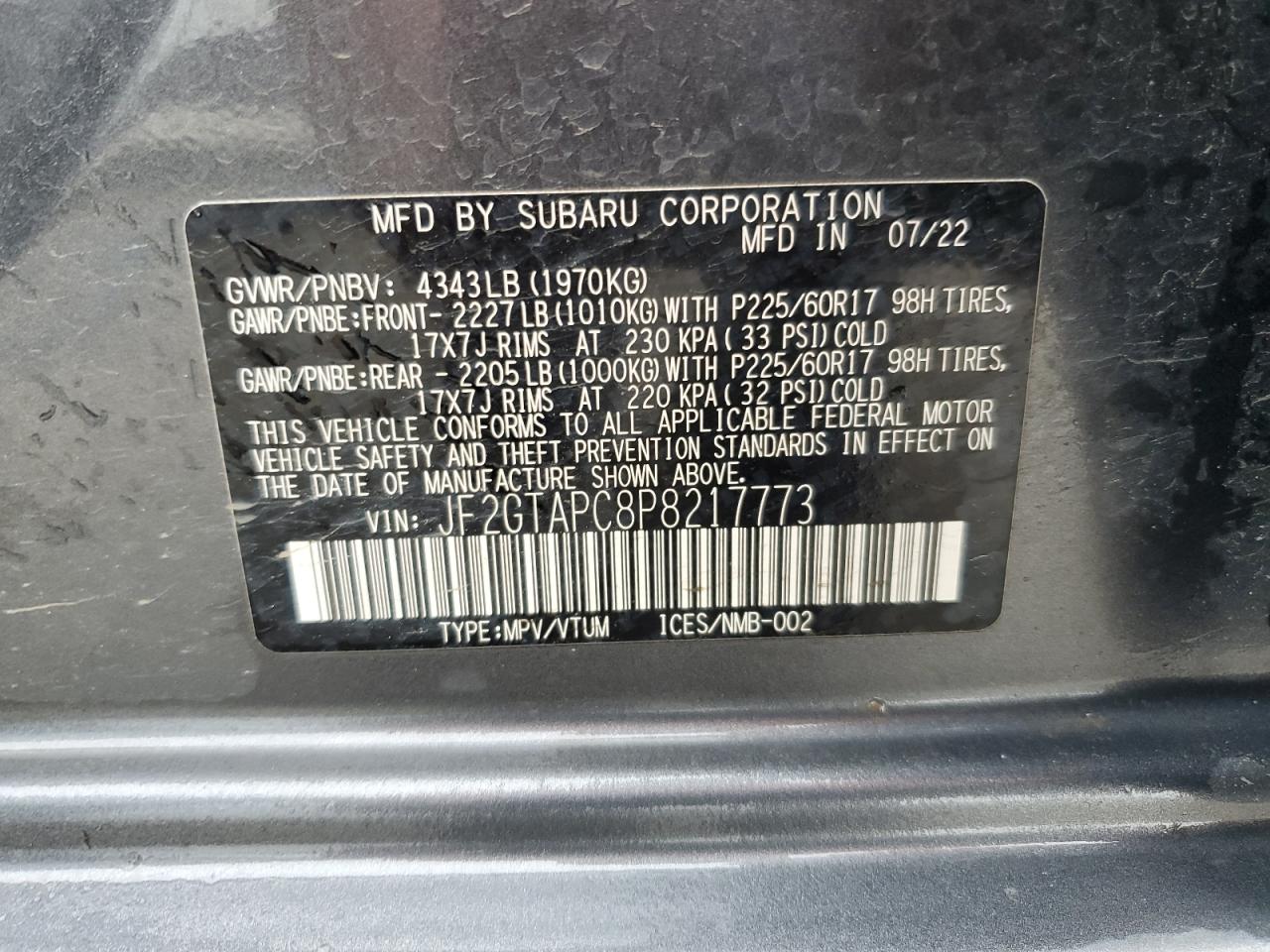 2023 SUBARU CROSSTREK PREMIUM VIN:JF2GTAPC8P8217773