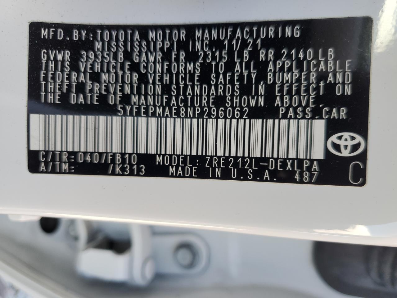 2022 TOYOTA COROLLA LE VIN:5YFEPMAE8NP296062