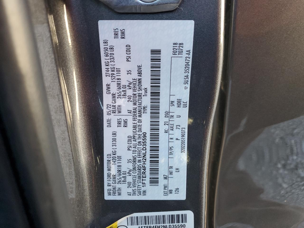 2022 FORD RANGER XL VIN:1FTER4FH2NLD35590