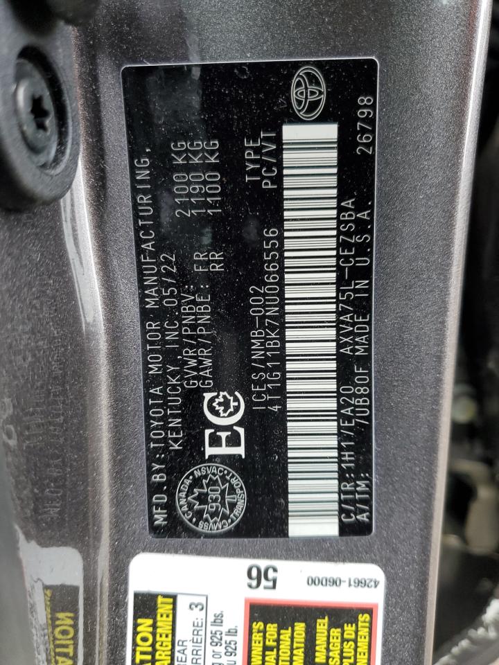 2022 TOYOTA CAMRY SE VIN:4T1G11BK7NU066556