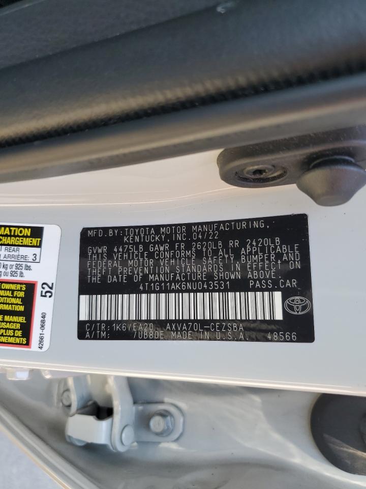 2022 TOYOTA CAMRY SE VIN:4T1G11AK6NU043531