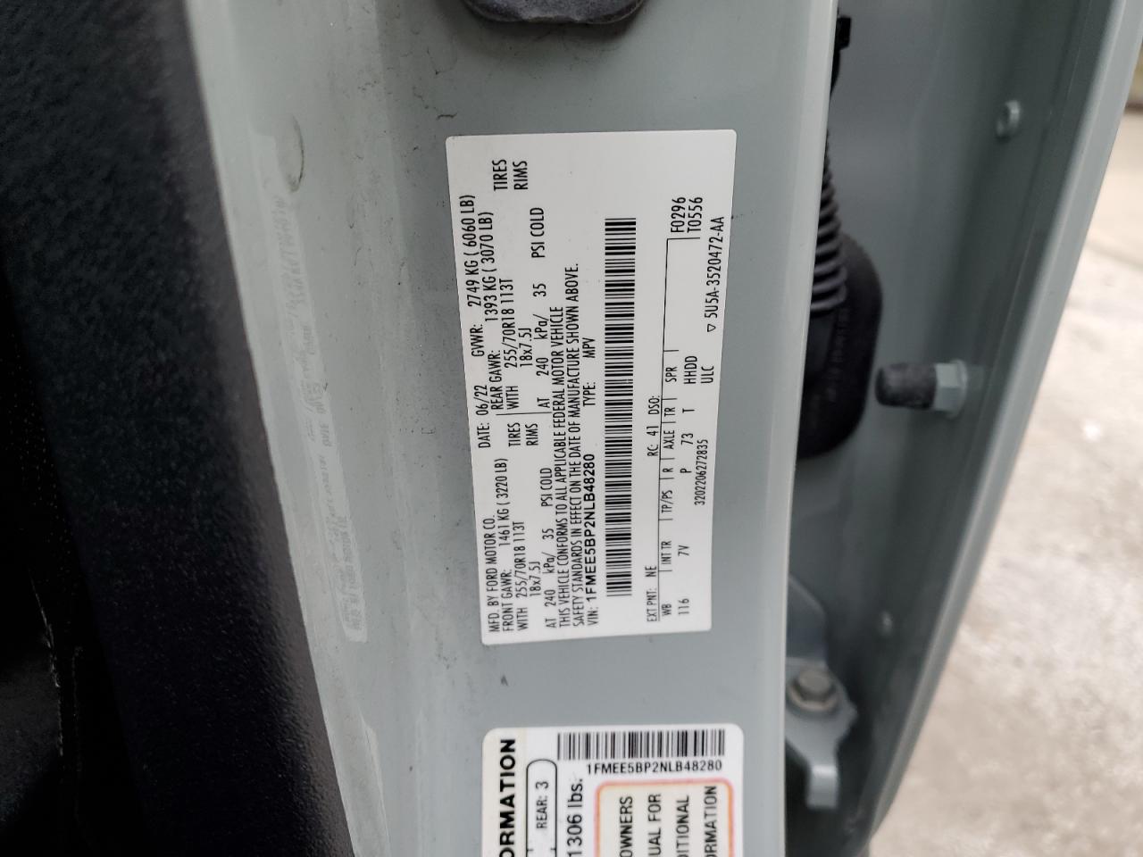 2022 FORD BRONCO BASE VIN:1FMEE5BP2NLB48280