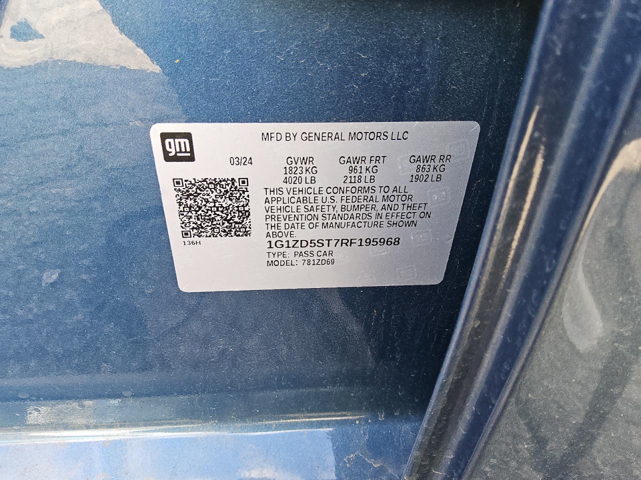 2024 CHEVROLET MALIBU LT VIN:1G1ZD5ST7RF195968